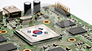 Computer chip on PCB board with Japan flag. CPU Central processing Unit or GPU microchip on a motherboard