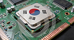 Computer chip on PCB board with Japan flag. CPU Central processing Unit or GPU microchip on a motherboard