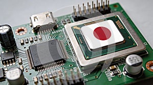 Computer chip on PCB board with Japan flag. CPU Central processing Unit or GPU microchip on a motherboard