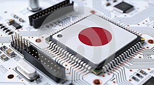 Computer chip on PCB board with Japan flag. CPU Central processing Unit or GPU microchip on a motherboard
