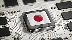 Computer chip on PCB board with Japan flag. CPU Central processing Unit or GPU microchip on a motherboard