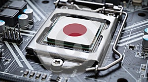 Computer chip on PCB board with Japan flag. CPU Central processing Unit or GPU microchip on a motherboard