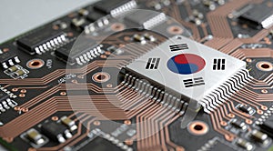 Computer chip on PCB board with Japan flag. CPU Central processing Unit or GPU microchip on a motherboard