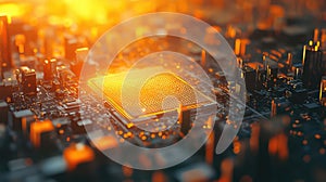 Computer chip processing data on glowing circuit board