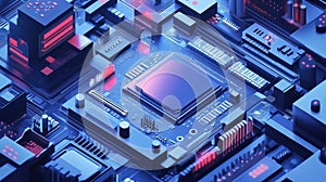 Computer chip processing data on glowing futuristic circuit board