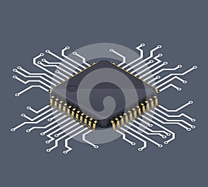 Computer chip or processor on circuit board with conductive tracks and soft realistic shadow. Isometric vector