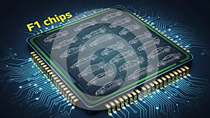 A computer chip with a racing car design on a circuit board background