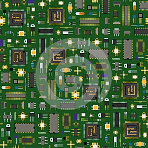 Computer chip technology processor circuit motherboard information system seamless pattern background vector