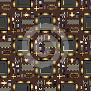 Computer chip technology processor circuit motherboard information system seamless pattern background vector