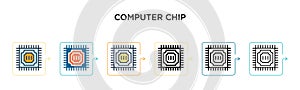 Computer chip vector icon in 6 different modern styles. Black, two colored computer chip icons designed in filled, outline, line