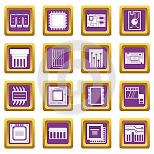 Computer chips icons set purple