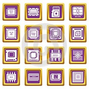Computer chips icons set purple square vector