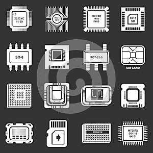 Computer chips icons set grey vector