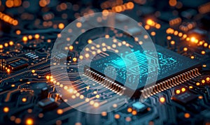 Computer circuit board with AI chipset, 3D rendering technology concept