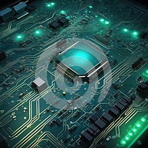 a computer circuit board with a cpu chip on it, computer graphics. texture of electronic circuit