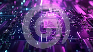 Computer circuit board glowing with purple and blue lights