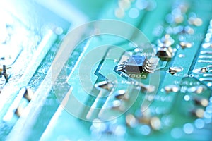 Computer circuit board, macro view. Electronic engineering