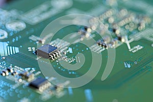 Computer circuit board, macro view. Electronic engineering