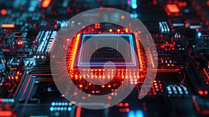 Computer circuit board processing data with glowing lines