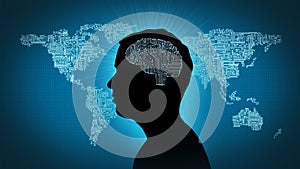 Computer circuit brain - man in front of circuitboard world
