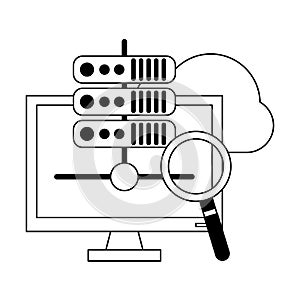 Computer cloud computing and database servers in black and white