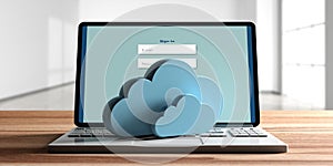 Computer cloud concept, login on the computer screen, office background. 3d illustration