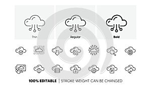 Computer cloud icons. Hosting, Computing data and File storage. Linear icon set. Line icons. Vector