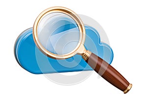 Computer cloud with magnifier. Search in cloud computing, 3D rendering