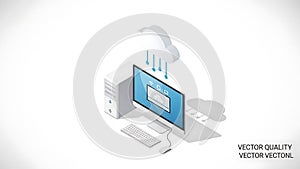A computer with a cloud raining data onto its screen in a vector illustration