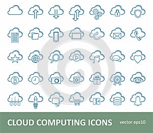 Computer cloud. Vector icon set.  Cloud computing. Internet technology. Online services. Data, information security. Connection.