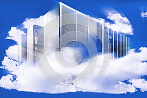 Computer in a cloudy sky as a symbol for cloud-computing