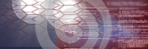 Computer code and 2d hexagon shapes against gradient background, program coding concept