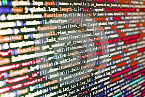 Computer code data. Abstract source code background. Big data database app. Webdesigner Workstation.
