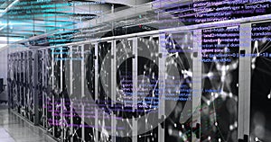 Computer code and data processing image over server racks in data center