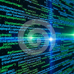 Computer code displayed on a digital screen create a futuristic and