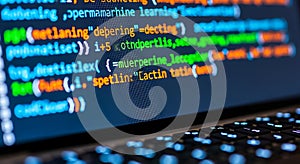 Computer code glowing on a screen with a keyboard visible programmer's workspace digital technology concept