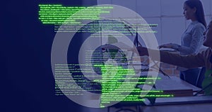 Computer code image over business person working on laptop