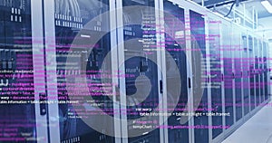 Computer code image over server racks in data center