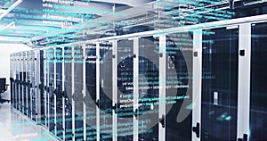 Computer code image over server racks in data center