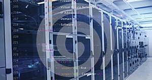 Computer code image over server racks in data center