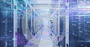 Computer code image over server racks in data center