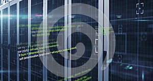 Computer code image over server racks in data center