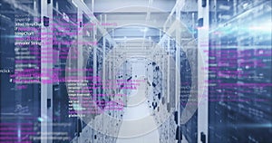 Computer code image over server racks in data center