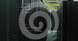 Computer code image over server racks in data center