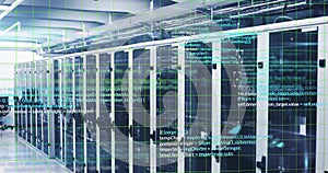Computer code image over server racks in data center
