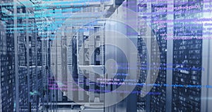 Computer code image over server racks in data center
