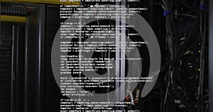 Computer code image over server racks in data center