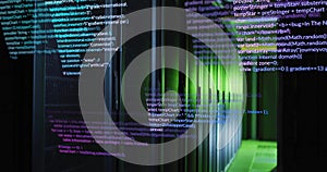 Computer code image over server racks in data center