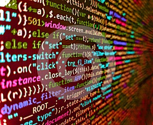 Computer code on laptop web developing. Concept screen of experienced web developer. Failure in the program, blue screen,