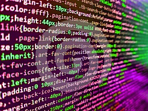 Computer code on laptop web developing. Programming source code abstract screen of software developer. Letters, chars, and